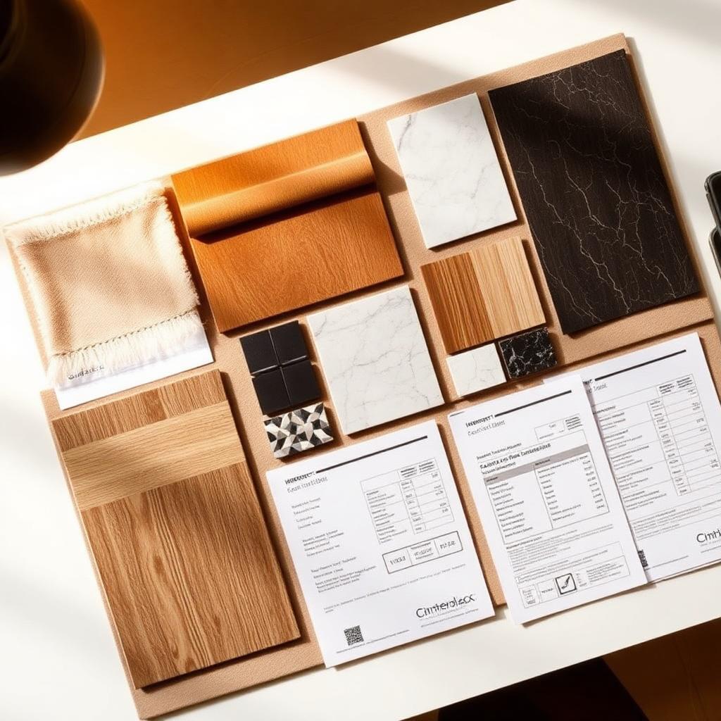 Designer mockup board with material samples and data sheets