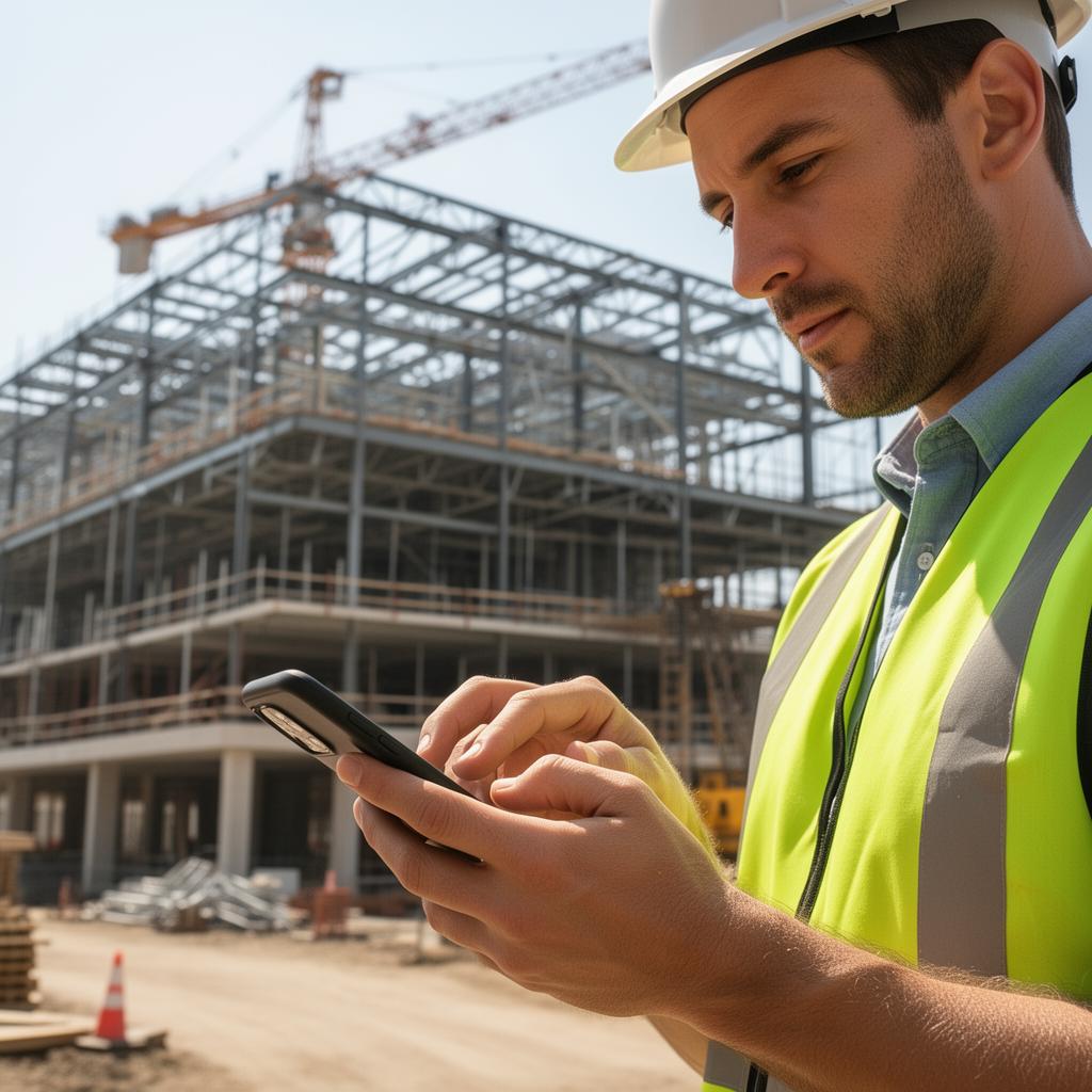 Construction superintendent typing on smartphone at jobsite